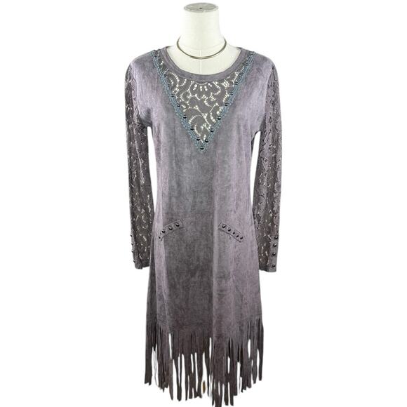 Pretty Angel Gray Linen Cotton Blend Fringe Western Boho Tunic Dress | M/L - Picture 2 of 11